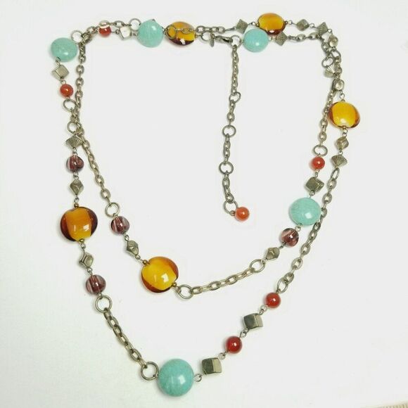 Vintage Premier Designs Long Blue Orange Beaded Chain Necklace, Adjustable Clasp - Picture 6 of 6